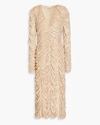 KHAITE Lana sequined ruched georgette midi dress - Neutral Neutral