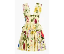 Tiered floral-print cotton-poplin mini dress - Yellow