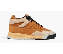 Mesh, nubuck and lizard-effect leather sneakers - Brown