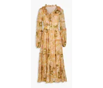 Belted ruffled floral-print organza midi dress - Neutral