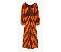 Striped silk-satin midi dress - Orange