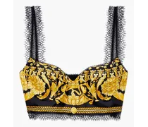 Lace-trimmed printed silk-twill bralette - Black