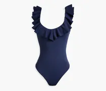 Ruffled stretch-piquè swimsuit - Blue