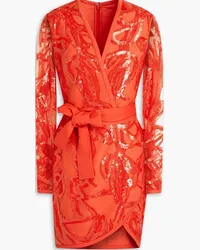 Elie Saab Wrap-effect sequin-embellished tulle mini dress - Orange Orange