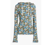 Ruffled floral-print stretch-modal hoodie - Blue
