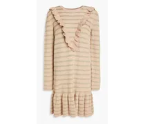 Striped ribbed cotton-blend mini dress - Neutral