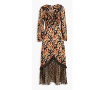 Jaida ruffled printed silk-chiffon midi dress - Brown