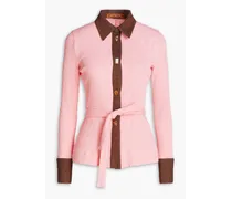 Belted two-tone ribbed cotton-blend cardigan - Pink