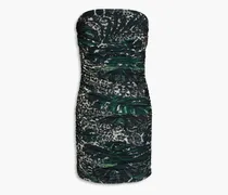 Strapless ruched printed mesh mini dress - Green