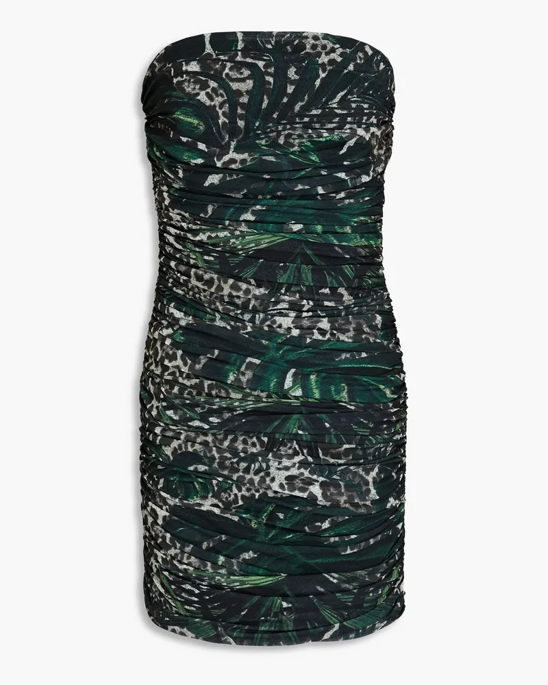 ba&sh Strapless ruched printed mesh mini dress - Green Green