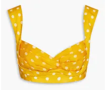Pleated polka-dot linen and silk-blend bra top - Yellow