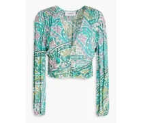 Cropped ruched printed mousseline blouse - Green