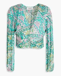 ba&sh Cropped ruched printed mousseline blouse - Green Green