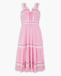 BATSHEVA Meadow tiered satin and lace-trimmed gingham cotton-poplin maxi dress - Pink Pink