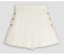 Button-embellished frayed tweed shorts - White