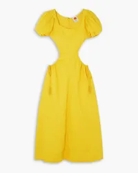 FARM Rio Cutout bead-embellished linen midi dress - Yellow Yellow