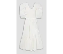 Simona cutout smocked cotton-poplin midi dress - White