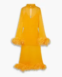 Taller Marmo Gina Venti feather-trimmed silk-georgette midi dress - Yellow Yellow