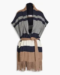 Brunello Cucinelli Fringed belted striped cashmere cardigan - Blue Blue