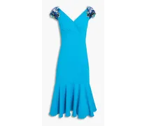 Fluted floral-appliquéd crepe dress - Blue