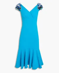 Badgley Mischka Fluted floral-appliquéd crepe dress - Blue Blue