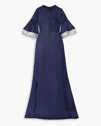 Reem Acra Button-embellished ruffled satin-piqué gown - Blue Blue