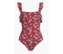 Jace ruffled printed stretch-piquè swimsuit - Red