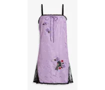 Lace-trimmed embellished satin-jacquard mini slip dress - Purple