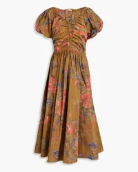 Ulla Johnson Cecile ruched floral-print taffeta midi dress - Brown Brown