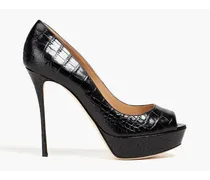 Croc-effect leather platform pumps - Black