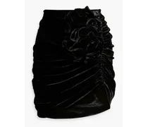 Floral-appliquéd ruched silk and wool-blend velvet mini skirt - Black