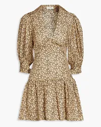 Sandro Gathered floral-print silk-twill mini dress - Neutral Neutral