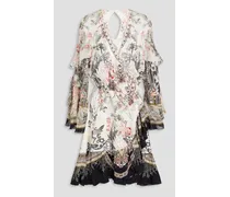 Embellished ruffled floral-print silk crepe de chine mini wrap dress - White