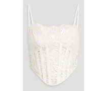 Coated cotton-blend lace bustier top - White