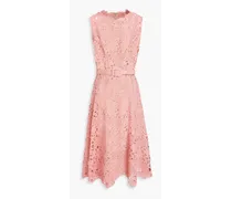 Belted cotton-blend guipure lace midi dress - Pink