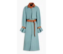 Leather-trimmed slub woven trench coat - Blue