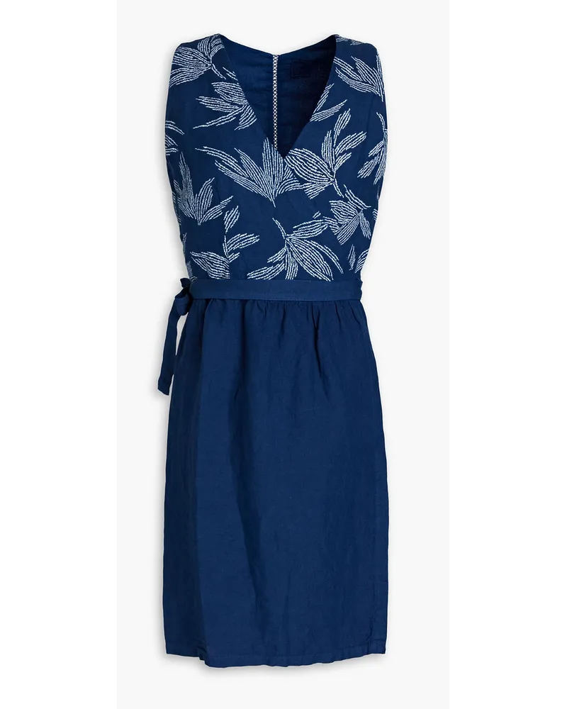 120% Lino Embroidered linen mini wrap dress - Blue Blue