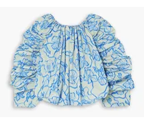 Gathered floral-print cloqué blouse - Blue