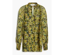 Pleated metallic floral-print chiffon shirt - Green