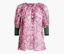 Knit-paneled gathered floral-print silk blouse - Purple