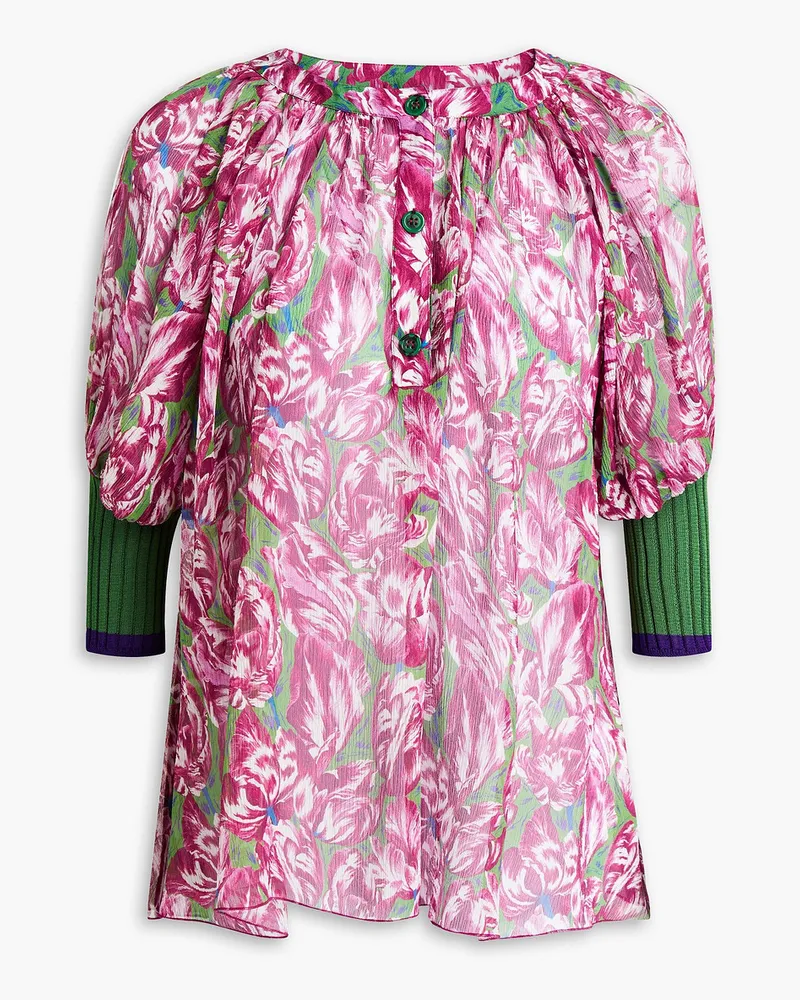 Knit-paneled gathered floral-print silk blouse - Purple