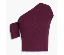 One-shoulder ribbed cotton-blend top - Burgundy