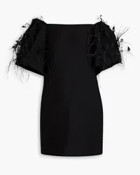 Valentino Garavani Off-the-shoulder feather-embellished wool and silk-blend crepe mini dress - Black Black