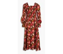 Elsie shirred printed silk-twill midi dress - Brown