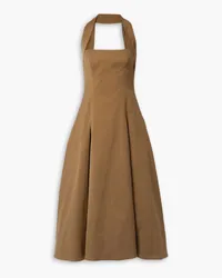 KHAITE Lalita pleated cotton-blend twill halterneck midi dress - Brown Brown