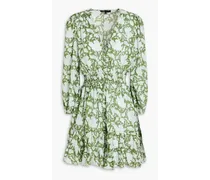 Shirred printed cotton-blend mousseline mini dress - Green