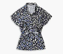 Ruffled leopard-print cotton-poplin blouse - Blue