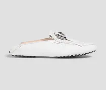 T-Ring embellished pebbled-leather slippers - White