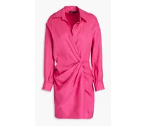 Pleated linen-blend mini wrap dress - Pink