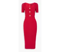 Button-embellished ribbed-knit midi dress - Red